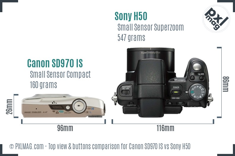 Canon SD970 IS vs Sony H50 top view buttons comparison