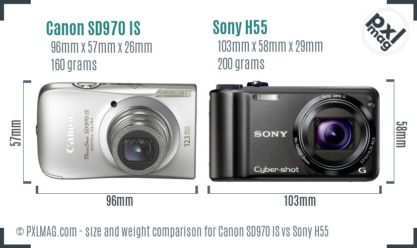 Canon SD970 IS vs Sony H55 size comparison