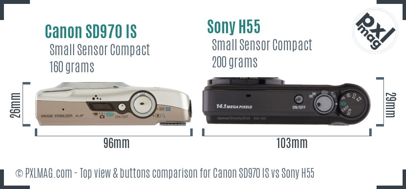 Canon SD970 IS vs Sony H55 top view buttons comparison