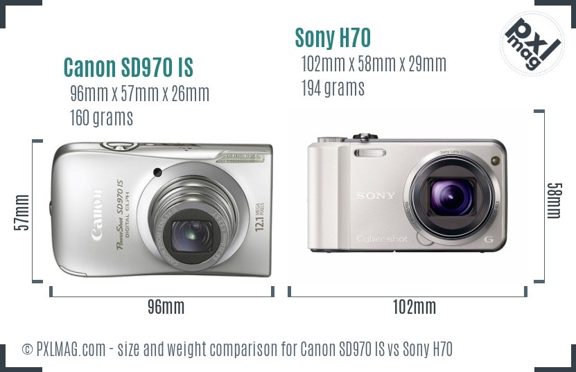 Canon SD970 IS vs Sony H70 size comparison