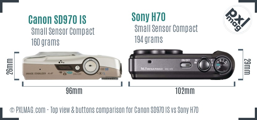 Canon SD970 IS vs Sony H70 top view buttons comparison