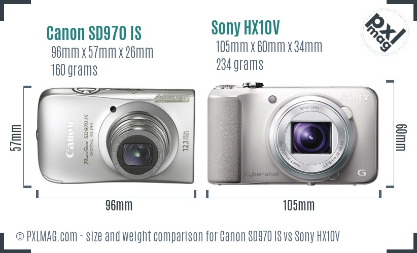 Canon SD970 IS vs Sony HX10V size comparison
