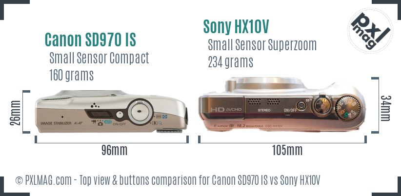 Canon SD970 IS vs Sony HX10V top view buttons comparison