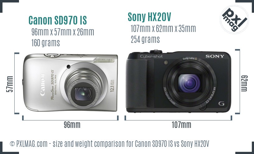 Canon SD970 IS vs Sony HX20V size comparison