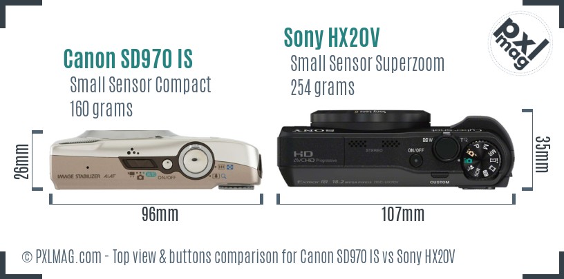 Canon SD970 IS vs Sony HX20V top view buttons comparison