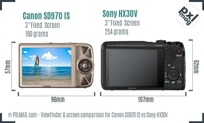 Canon SD970 IS vs Sony HX30V Screen and Viewfinder comparison