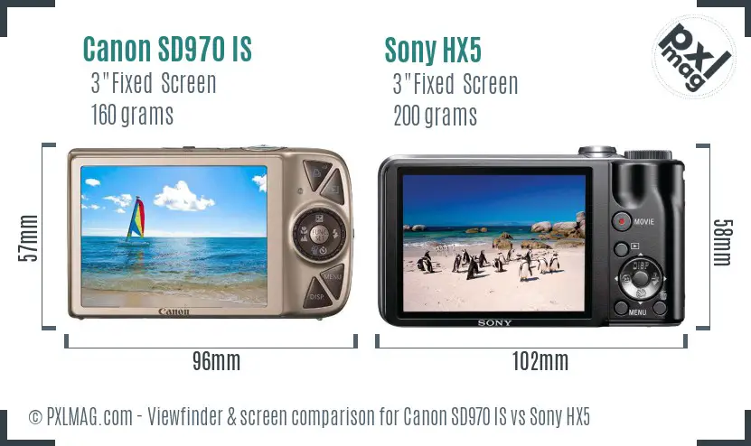 Canon SD970 IS vs Sony HX5 Screen and Viewfinder comparison