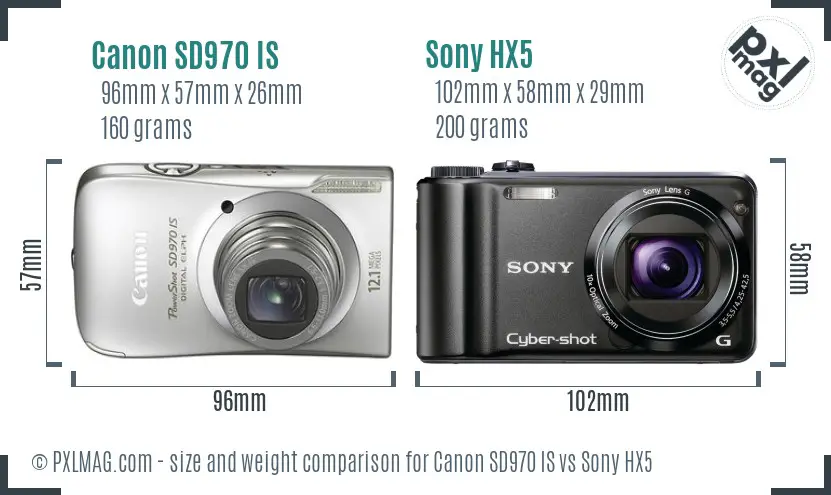 Canon SD970 IS vs Sony HX5 size comparison