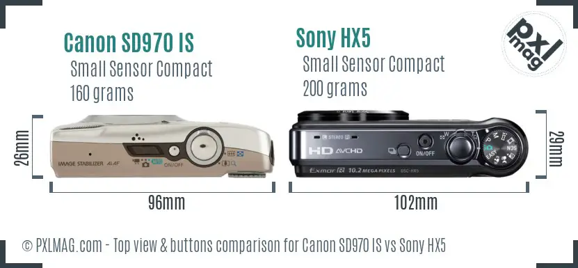 Canon SD970 IS vs Sony HX5 top view buttons comparison