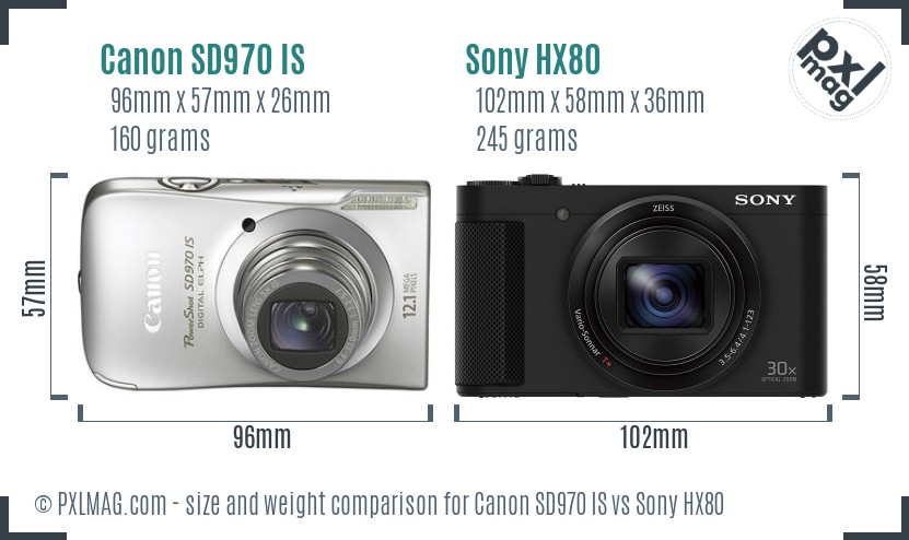 Canon SD970 IS vs Sony HX80 size comparison Canon SD970 IS vs Sony HX80 size comparison