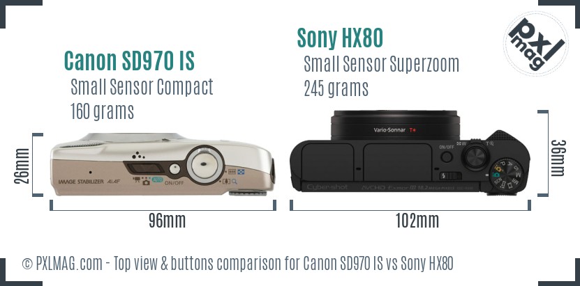 Canon SD970 IS vs Sony HX80 top view buttons comparison
