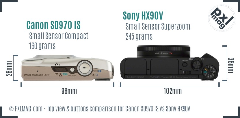 Canon SD970 IS vs Sony HX90V top view buttons comparison