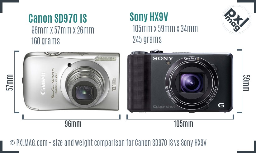 Canon SD970 IS vs Sony HX9V size comparison Canon SD970 IS vs Sony HX9V size comparison
