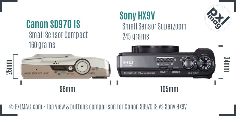 Canon SD970 IS vs Sony HX9V top view buttons comparison