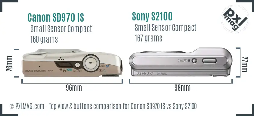 Canon SD970 IS vs Sony S2100 top view buttons comparison