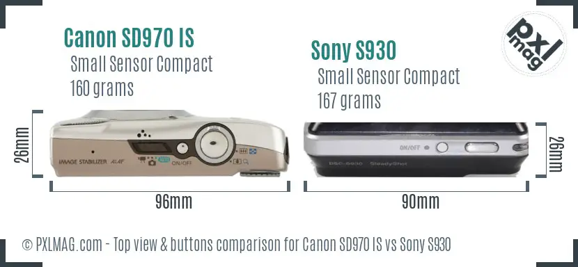 Canon SD970 IS vs Sony S930 top view buttons comparison
