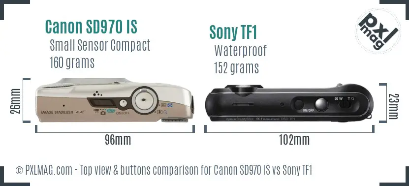 Canon SD970 IS vs Sony TF1 top view buttons comparison