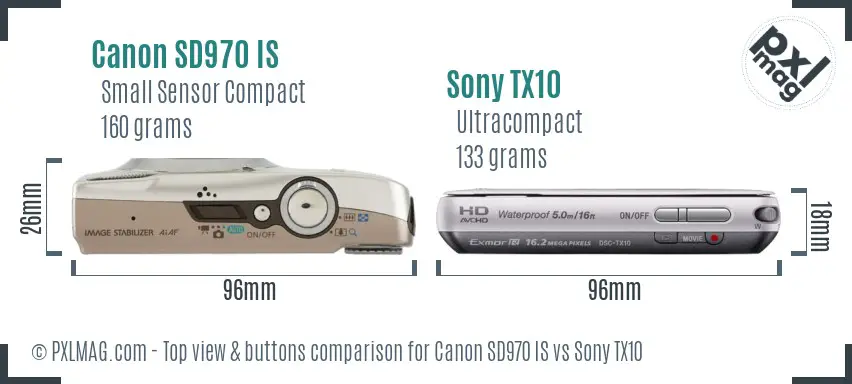 Canon SD970 IS vs Sony TX10 top view buttons comparison