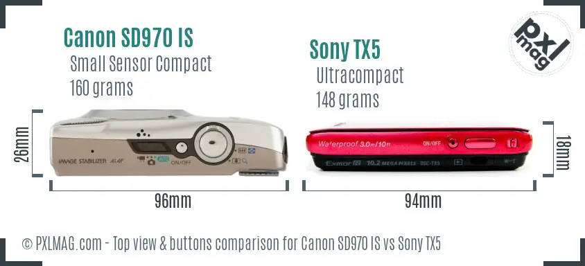 Canon SD970 IS vs Sony TX5 top view buttons comparison