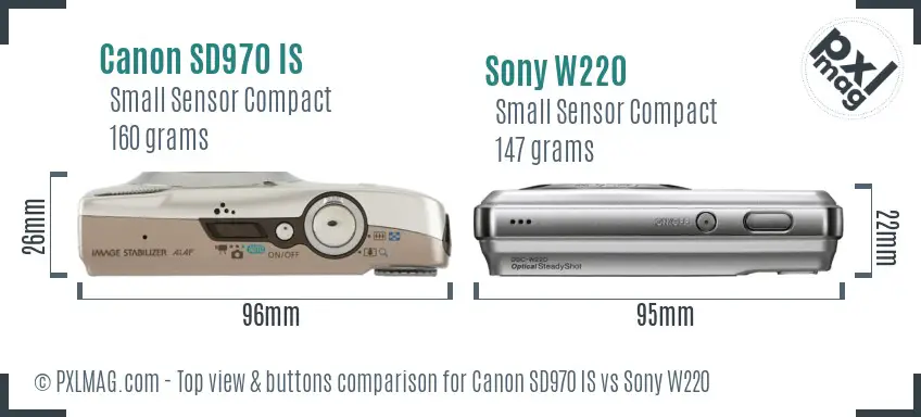 Canon SD970 IS vs Sony W220 top view buttons comparison