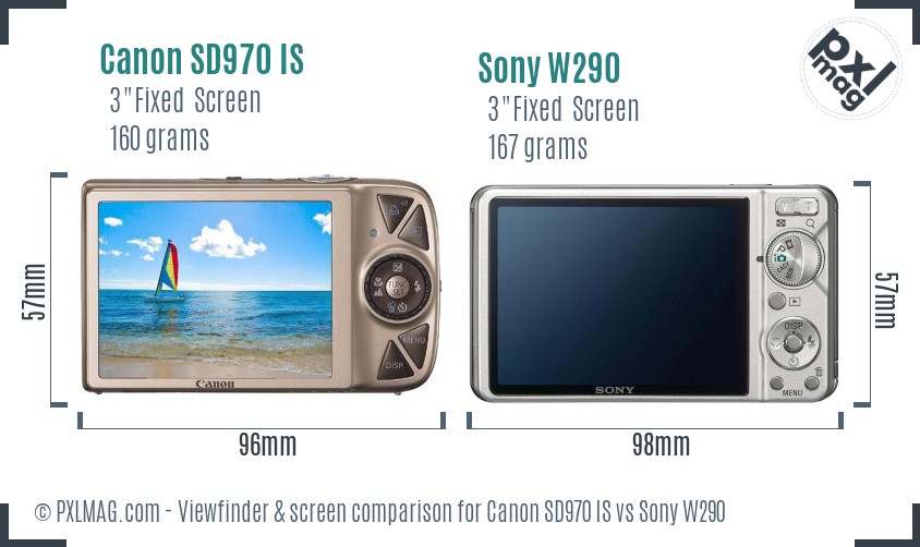 Canon SD970 IS vs Sony W290 Screen and Viewfinder comparison