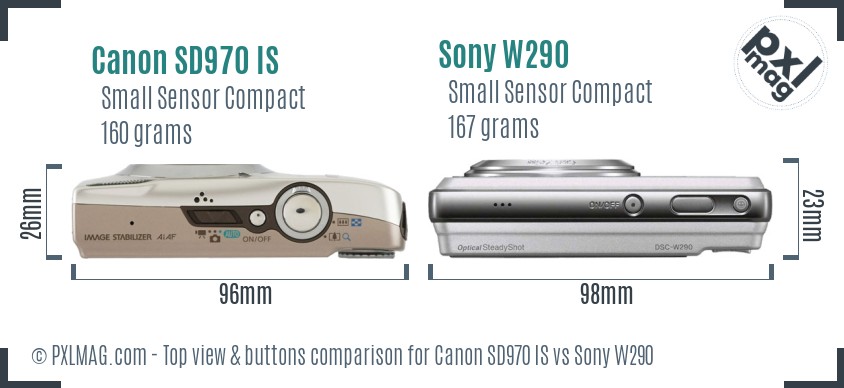 Canon SD970 IS vs Sony W290 top view buttons comparison