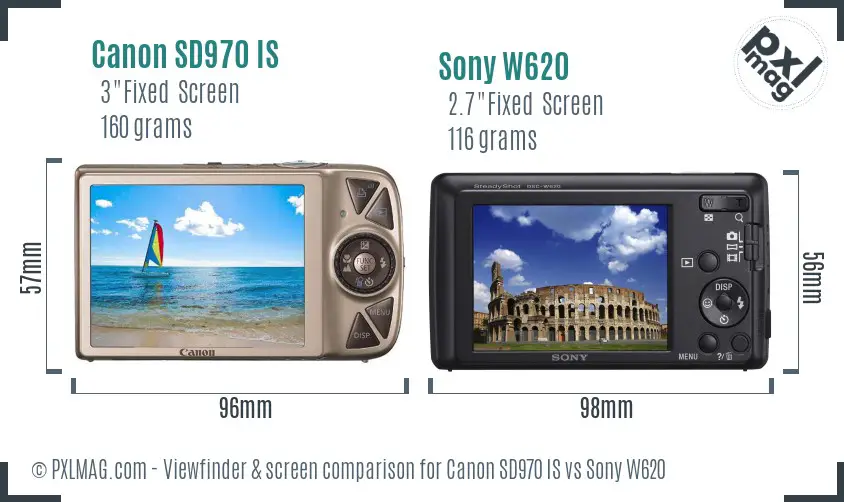 Canon SD970 IS vs Sony W620 Screen and Viewfinder comparison