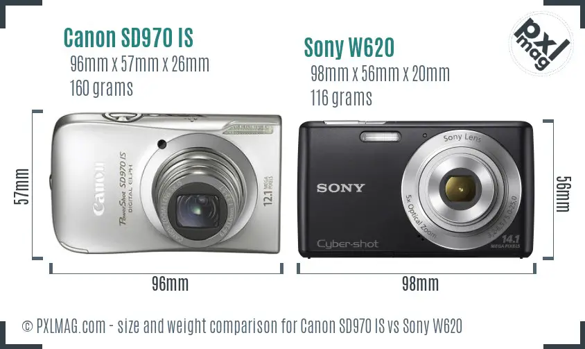 Canon SD970 IS vs Sony W620 size comparison