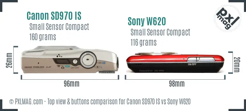 Canon SD970 IS vs Sony W620 top view buttons comparison