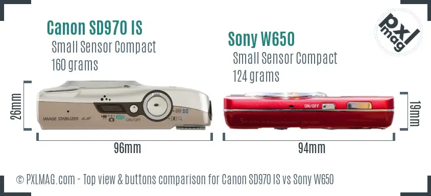 Canon SD970 IS vs Sony W650 top view buttons comparison