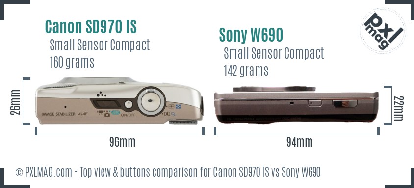 Canon SD970 IS vs Sony W690 top view buttons comparison