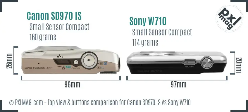 Canon SD970 IS vs Sony W710 top view buttons comparison