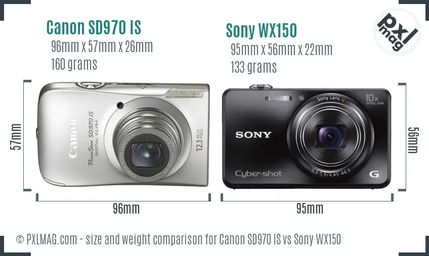Canon SD970 IS vs Sony WX150 size comparison Canon SD970 IS vs Sony WX150 size comparison