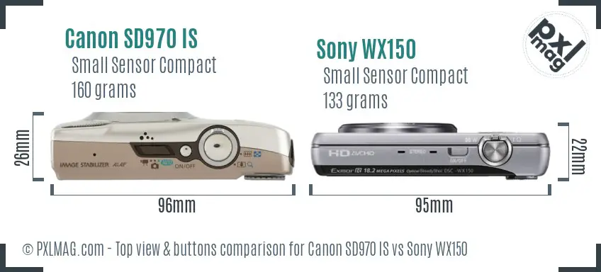 Canon SD970 IS vs Sony WX150 top view buttons comparison Canon SD970 IS vs Sony WX150 top view buttons comparison