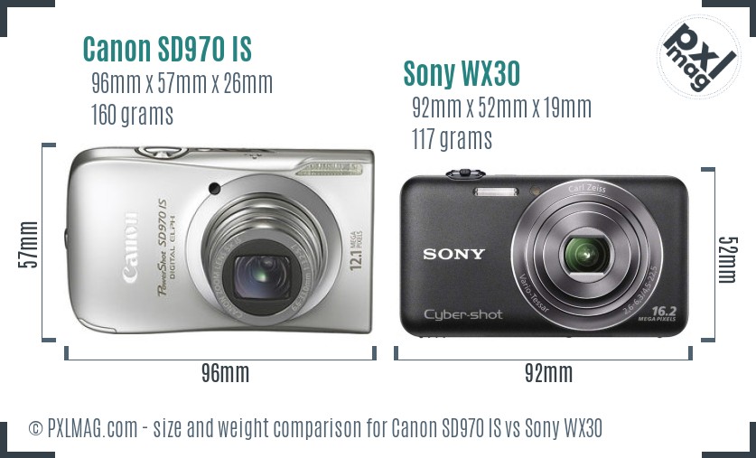Canon SD970 IS vs Sony WX30 size comparison
