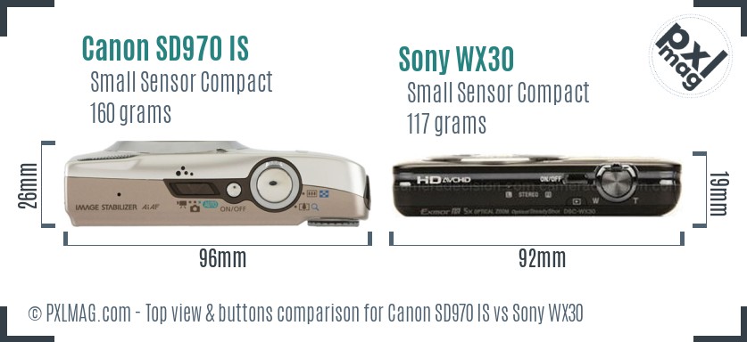 Canon SD970 IS vs Sony WX30 top view buttons comparison