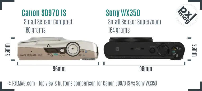 Canon SD970 IS vs Sony WX350 top view buttons comparison