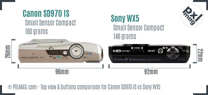 Canon SD970 IS vs Sony WX5 top view buttons comparison