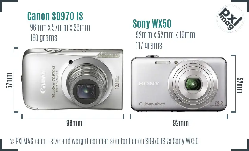 Canon SD970 IS vs Sony WX50 size comparison
