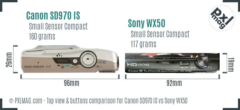 Canon SD970 IS vs Sony WX50 top view buttons comparison