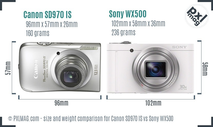 Canon SD970 IS vs Sony WX500 size comparison
