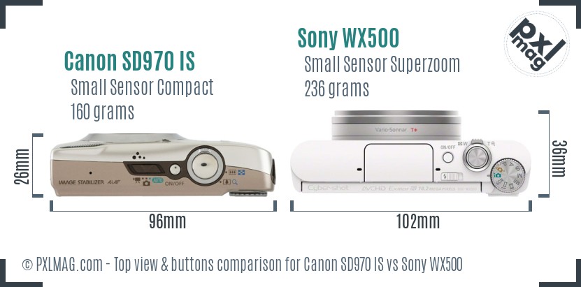 Canon SD970 IS vs Sony WX500 top view buttons comparison