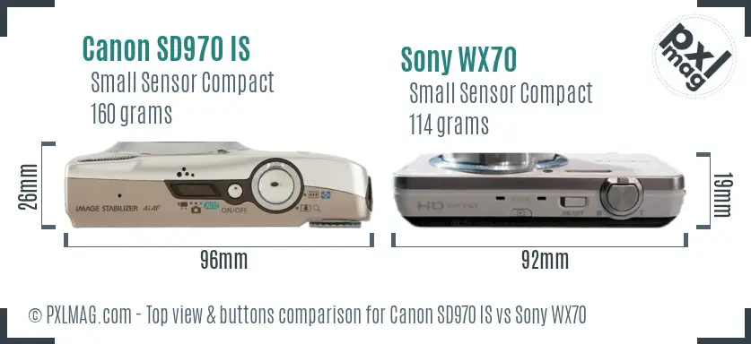 Canon SD970 IS vs Sony WX70 top view buttons comparison