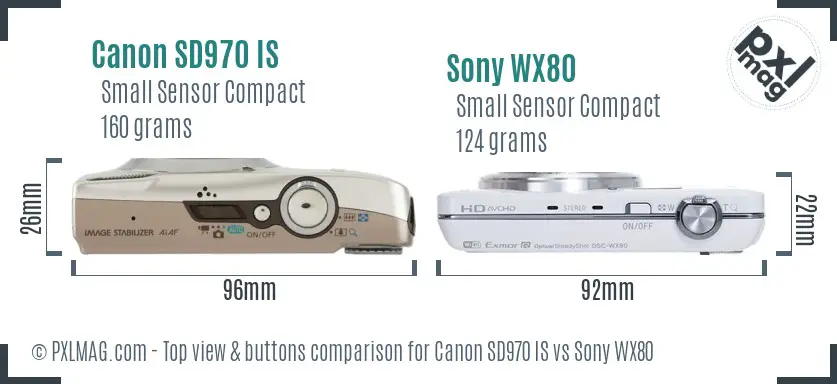 Canon SD970 IS vs Sony WX80 top view buttons comparison