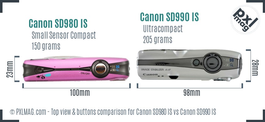 Canon SD980 IS vs Canon SD990 IS top view buttons comparison