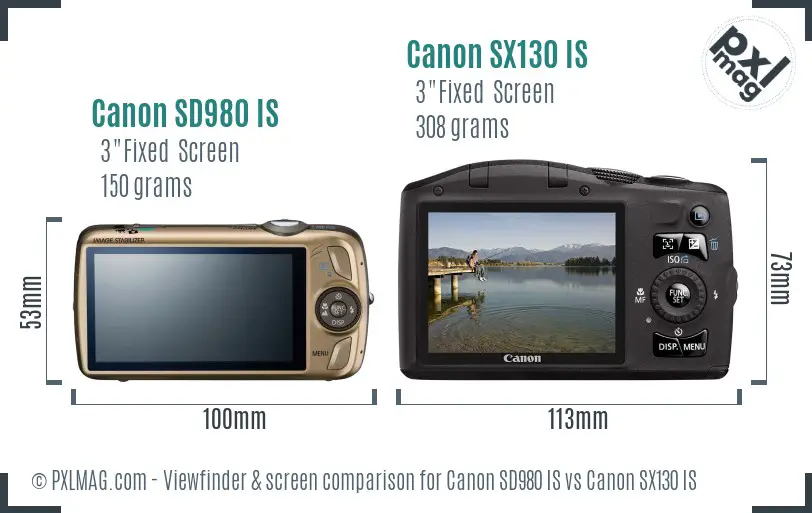 Canon SD980 IS vs Canon SX130 IS Screen and Viewfinder comparison