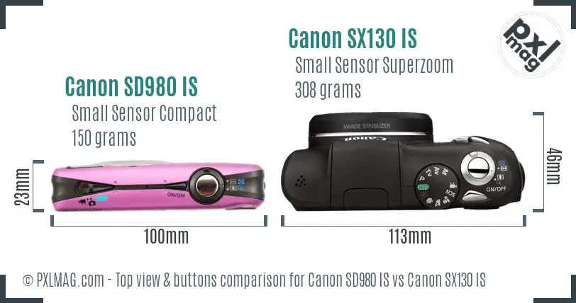 Canon SD980 IS vs Canon SX130 IS top view buttons comparison