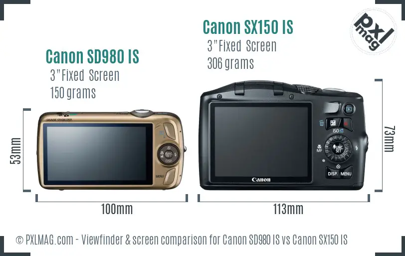 Canon SD980 IS vs Canon SX150 IS Screen and Viewfinder comparison
