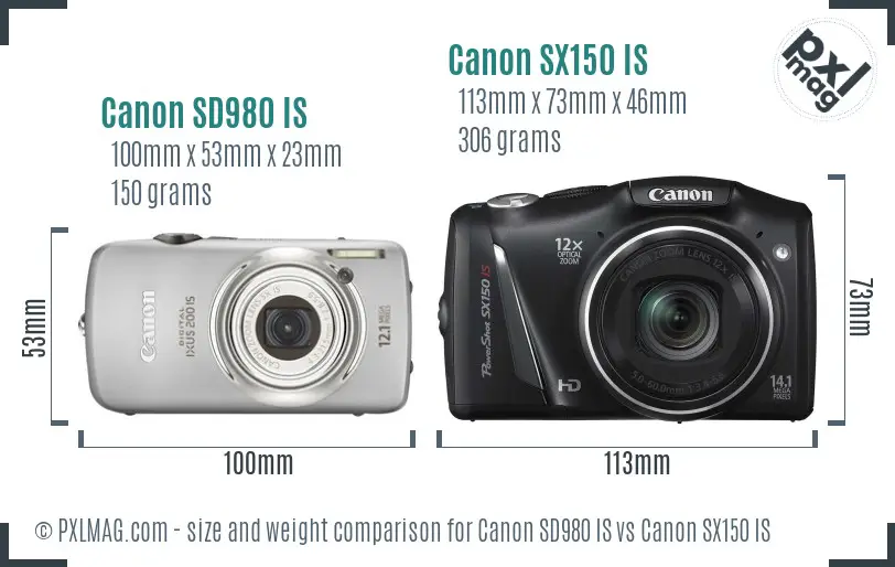 Canon SD980 IS vs Canon SX150 IS size comparison