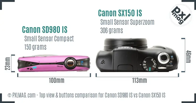 Canon SD980 IS vs Canon SX150 IS top view buttons comparison